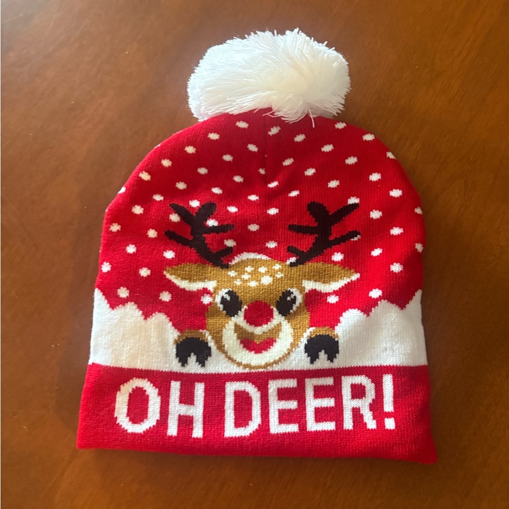 Festive Red Reindeer Beanie with Pom-Pom